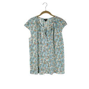 Talbots Cap Sleeve Silk Blouse Lightweight Button Up Top Blue Taupe Size 12